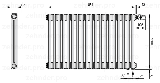 Схема (чертеж) Радиатор Zehnder Charleston 2110/19 №V002 Белый глянцевый RAL 9016